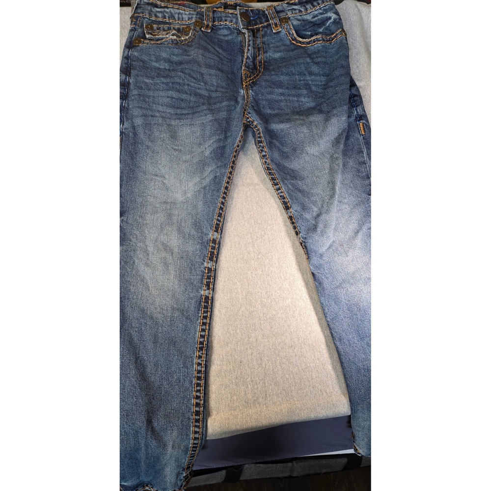 True Religion Rocco Relaxed Skinny Jeans Blue Contrast Stitch Mens 34 x 31
